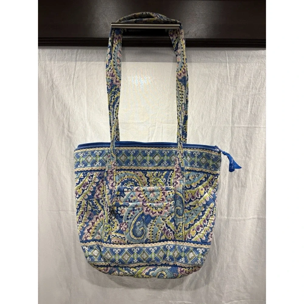 Vera Bradley Quilted Zip Top Tote Bag Blue Paisley Floral Cotton Bag